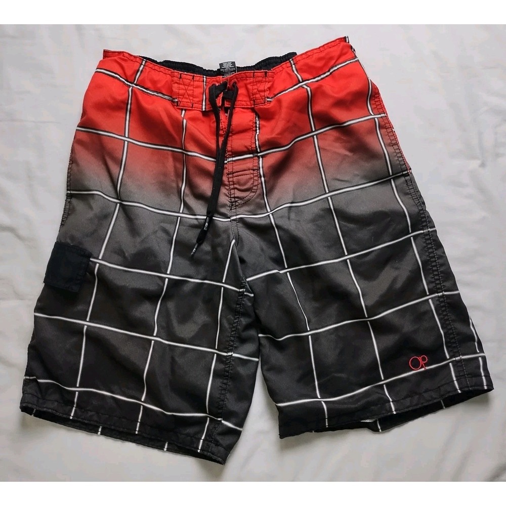 OP Ocean Pacific Men's M 32-34 Red Black White Check Cargo Swim Trunk 10" Shorts